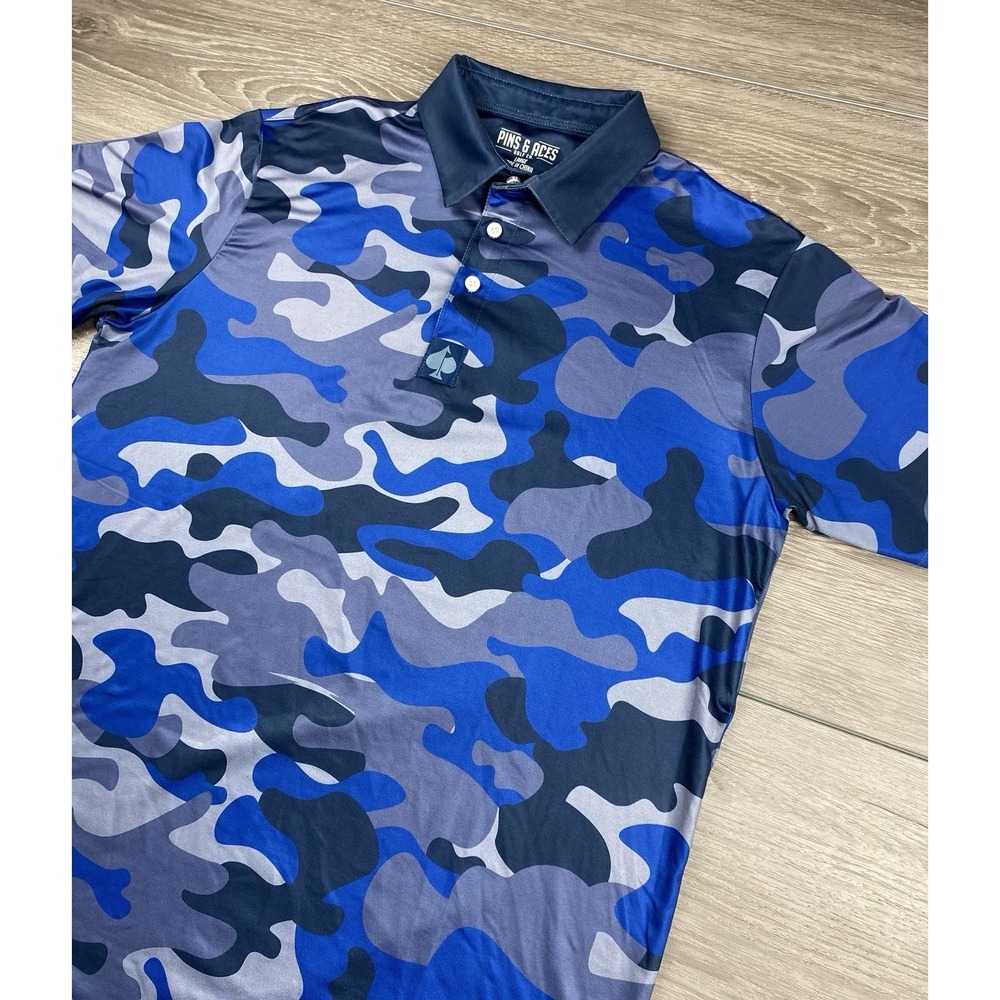 Pins & Aces Men's Short Sleeve Camo Print Athletic Golf Polo Blue Grey Large